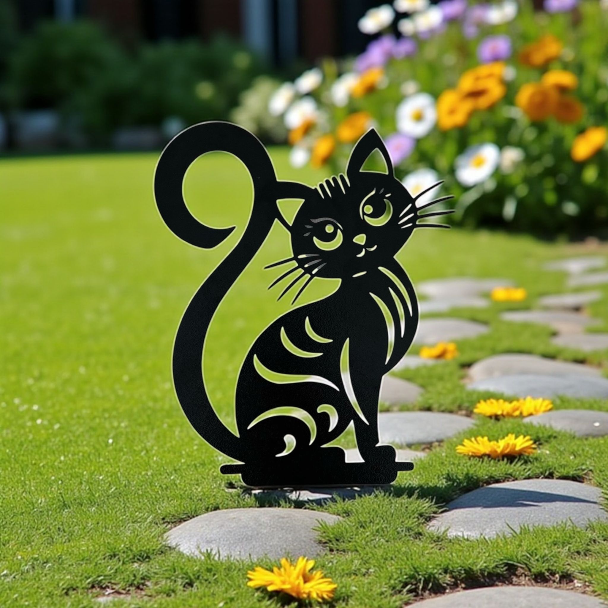 Zarif Oturan Kedi Metal Silueti